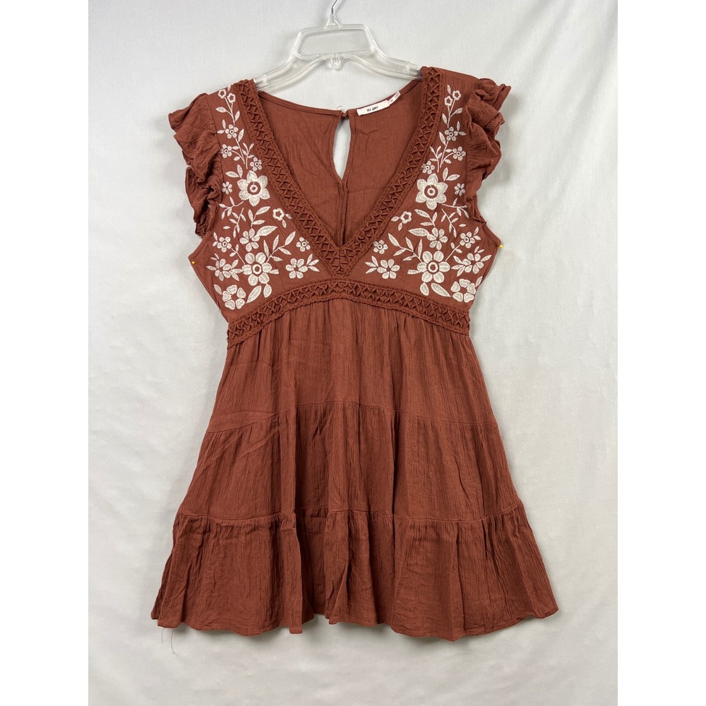 Mi Ami Mini Dress Women Medium Rust Brown Floral Embroidered Tiered Boho Mini